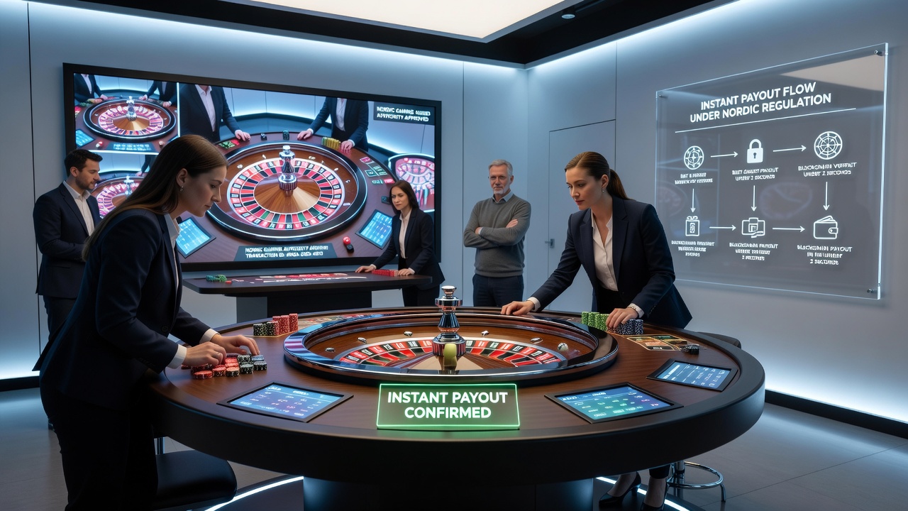 Mobile screen displaying live roulette wheel alongside instant withdrawal confirmation under Nordic compliance standards