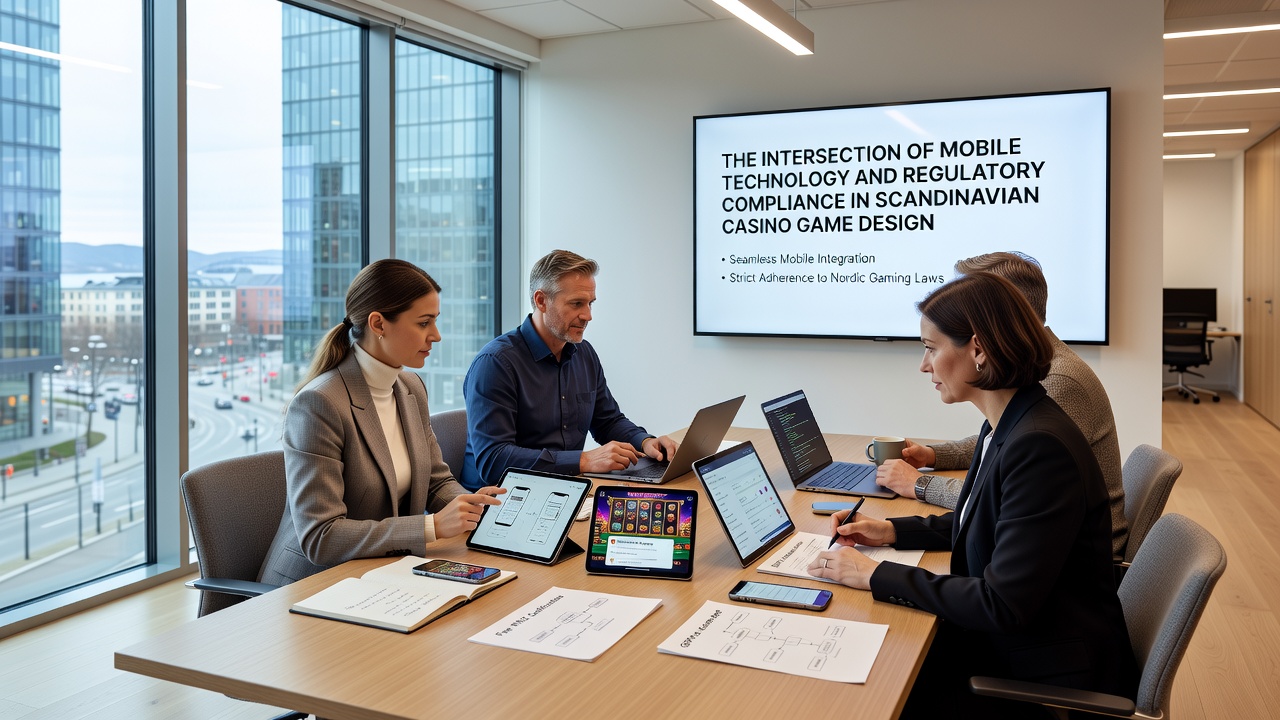 Developer reviewing compliance dashboard on tablet next to mobile game prototype